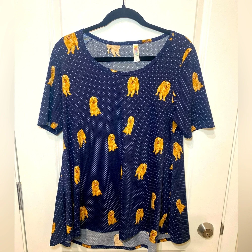 LulaRoe Golden Retriever with polka dot perfect t Tshirt - Picture 1 of 4